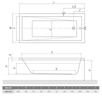 ROTH KUBIC NEO 160 čelní panel k vaně 160x56 cm  9310001 Technický nákres