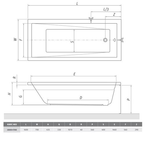 ROTH KUBIC NEO 160 čelní panel k vaně 160x56 cm  9310001 Technický nákres