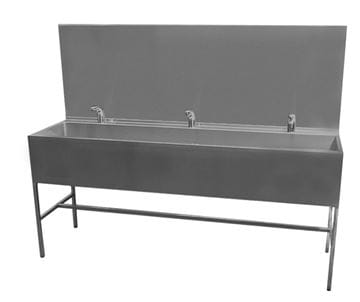 AZP BRNO mycí žlab 190 cm, na podlahu, 3 termostatické senzorové baterie, napájení ze sítě, nerez