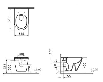 VITRA INTEGRA závěsné WC, Rim-ex splachování, VitrAhygiene, matná černá  7062B083-0075 Technický nákres
