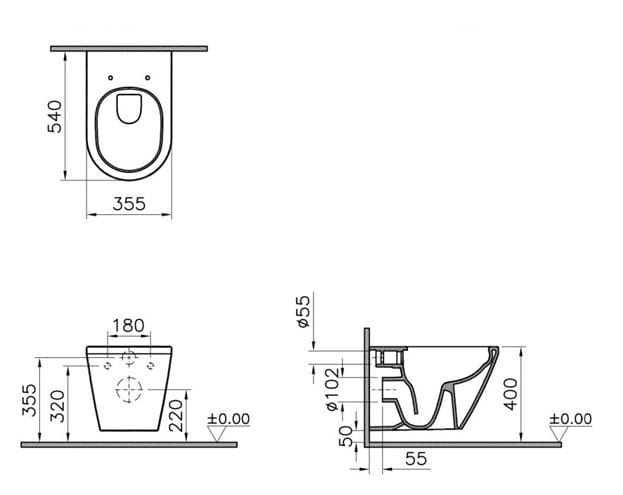 VITRA INTEGRA závěsné WC, Rim-ex splachování, VitrAhygiene, matná černá  7062B083-0075 Technický nákres
