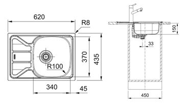 FRANKE FLASH FLN 611-62/44 nerezový dřez 620x435 mm, otočný, odkapávač 101.0712.180 Technický nákres