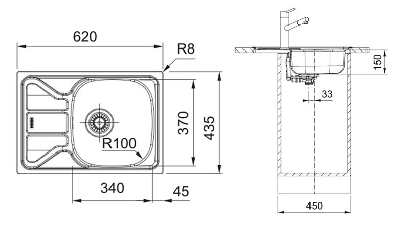 FRANKE FLASH FLN 611-62/44 nerezový dřez 620x435 mm, otočný, odkapávač 101.0712.180 Technický nákres