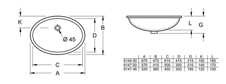 VILLEROY & BOCH EVANA umyvadlo 50 cm, s přepadem, alpská bílá 61470001 Technický nákres