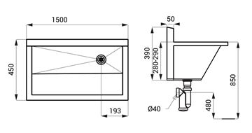 SANELA mycí žlab 150 cm, nerez SLUN 55 Technický nákres