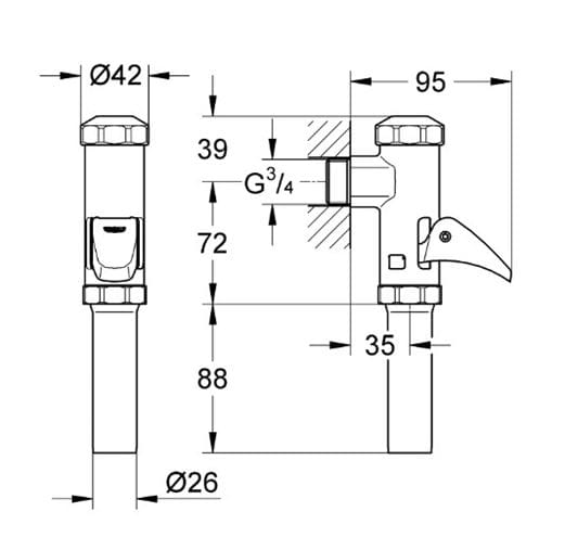 GROHE RELEXA nástěnný tlakový splachovač WC DN20 37141000 Technický nákres