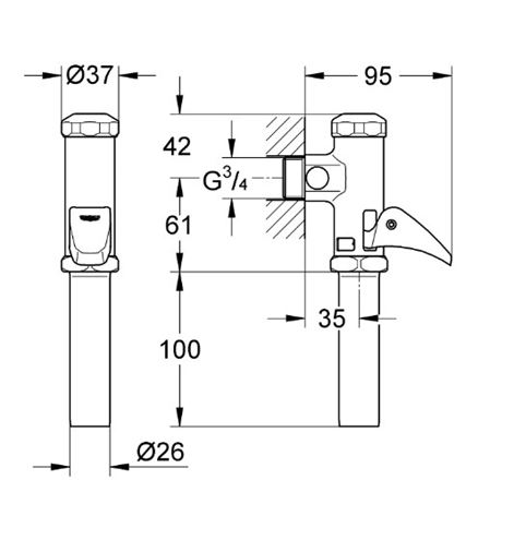 GROHE RELEXA nástěnný tlakový splachovač WC DN20 37139000 Technický nákres