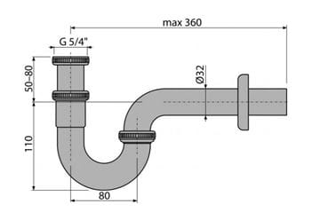 ALCA A432 designový sifon k umyvadlu DN32, s převlečnou maticí 5/4, chrom A432 Technický nákres