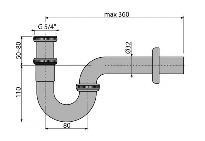 ALCA A432 designový sifon k umyvadlu DN32, s převlečnou maticí 5/4, chrom A432 Technický nákres