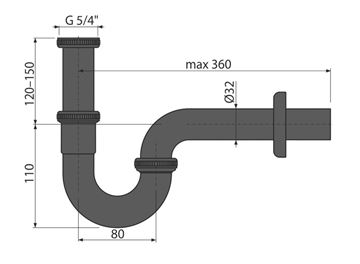 ALCA designový sifon k umyvadlu DN32, s převlečnou maticí 5/4, matná černá A4320BLACK Technický nákres