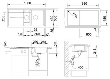 BLANCO METRA 6 S granitový dřez 1000x500 mm, otočný, excentrické ovládání, vanička, odkapávač, antracit 513053 Technický nákres
