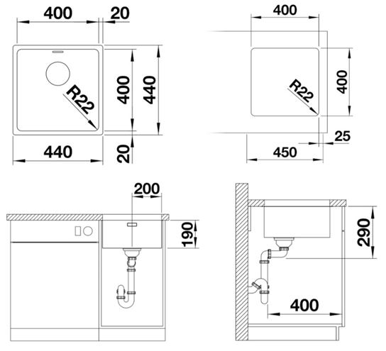 BLANCO ANDANO 400 U nerezový dřez 440x440 mm 522959 Technický nákres