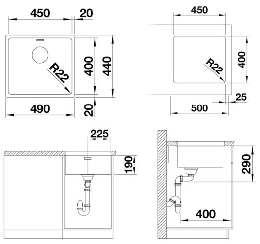 BLANCO ANDANO 450 U nerezový dřez 490x440 mm 522963 Technický nákres