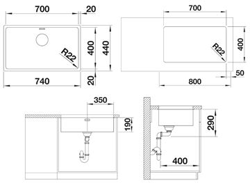 BLANCO ANDANO 700 U nerezový dřez 740x440 mm 522971 Technický nákres