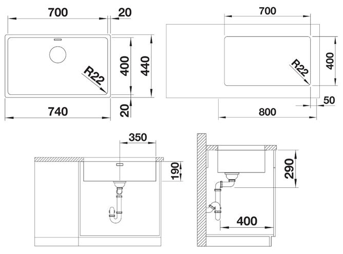BLANCO ANDANO 700 U nerezový dřez 740x440 mm 522971 Technický nákres