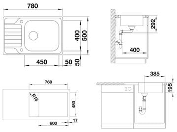 BLANCO DINAS XL 6 S COMPACT nerezový dřez 780x500 mm, otočný, odkapávač 525121 Technický nákres