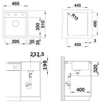 BLANCO DALAGO 45 granitový dřez 465x510 mm, otvor pro baterii, excentrické ovládání, antracit 517156 Technický nákres