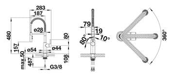 BLANCO CATRIS-S dřezová baterie, s flexi ramínkem a sprškou, chrom 521476 Technický nákres