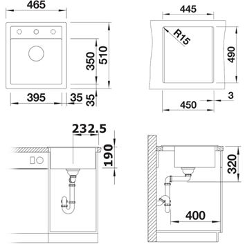 BLANCO DALAGO 45 granitový dřez 465x510 mm, otvor pro baterii, excentrické ovládání, černá 525869 Technický nákres