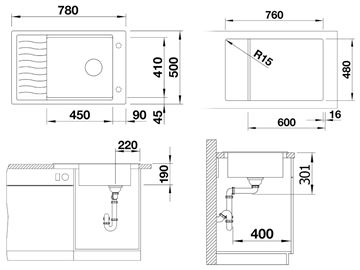 BLANCO ELON XL 6 S granitový dřez 780x500 mm, otočný, s odkapávací mřížkou, odkapávač, antracit 524844 Technický nákres