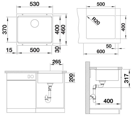 BLANCO ETAGON 500 U granitový dřez 530x460 mm, antracit 522227 Technický nákres
