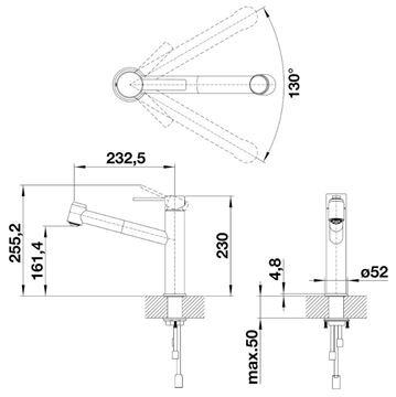 BLANCO AMBIS-S dřezová baterie, s vytahovací sprškou, kartáčovaná nerez  523119 Technický nákres