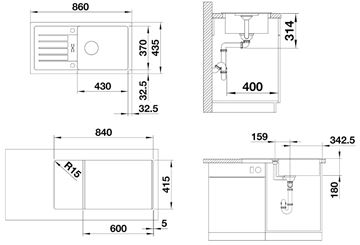 BLANCO FAVUM XL 6 S granitový dřez 860x435 mm, otočný, odkapávač, antracit 524233 Technický nákres