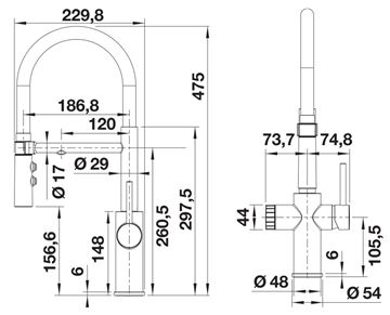 BLANCO CATRIS-S FLEXO FILTR dřezová baterie, s flexi ramínkem a sprškou, s filtrační funkcí, matná černá  526707 Technický nákres