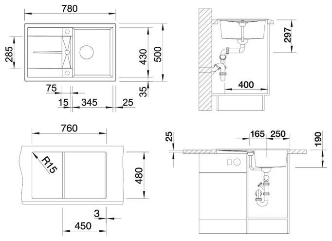 BLANCO METRA 45 S granitový dřez 780x500 mm, otočný, odkapávač, antracit 513194 Technický nákres