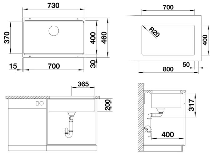 BLANCO ETAGON 700 U granitový dřez 730x460 mm, černá 525891 Technický nákres