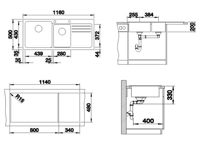 BLANCO NAYA 8 S granitový dřez 1160x500 mm, otvor pro baterii, odkapávač vpravo, černá 525945 Technický nákres