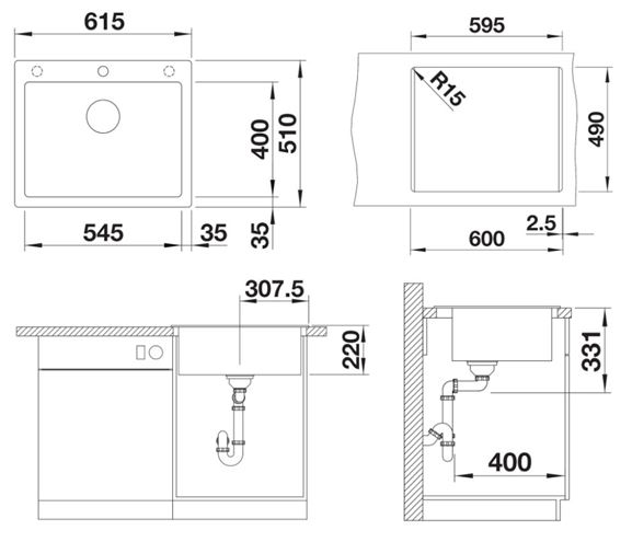 BLANCO PLEON 6 granitový dřez 615x510 mm, otvor pro baterii, antracit 521678 Technický nákres