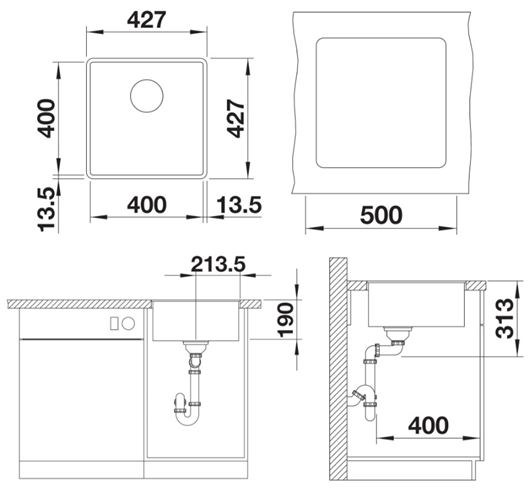 BLANCO SUBLINE 400 F granitový dřez 427x427 mm, černá 525988 Technický nákres