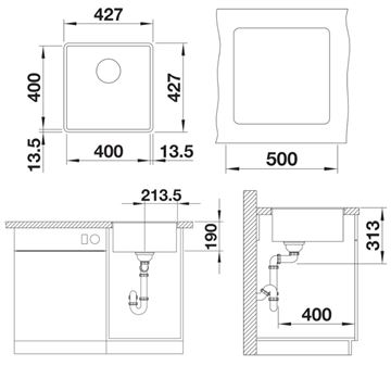 BLANCO SUBLINE 400 F granitový dřez 427x427 mm, černá 525988 Technický nákres