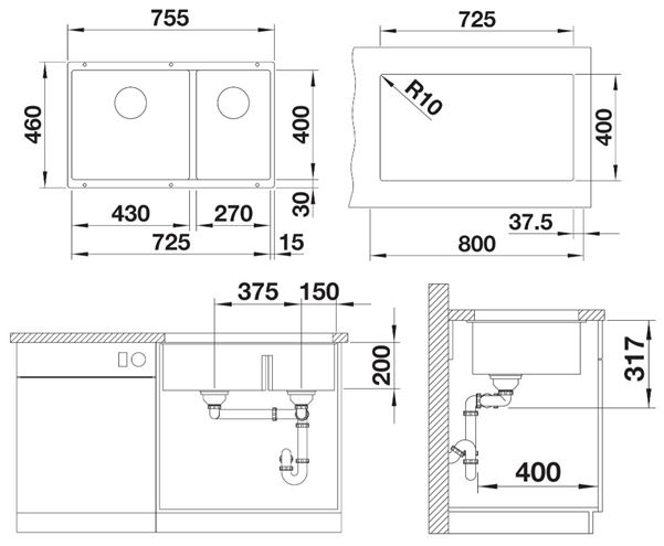 BLANCO SUBLINE 430/270 U granitový dřez, 755x460 mm, bílá 523155 Technický nákres