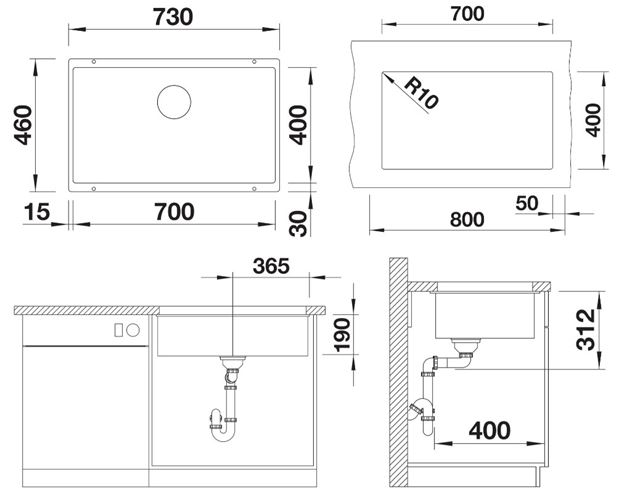 BLANCO SUBLINE 700 U granitový dřez 760x460 mm, černá 526001 Technický nákres