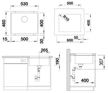 BLANCO SUBLINE 500 U granitový dřez 530x460 mm, antracit 523432 Technický nákres