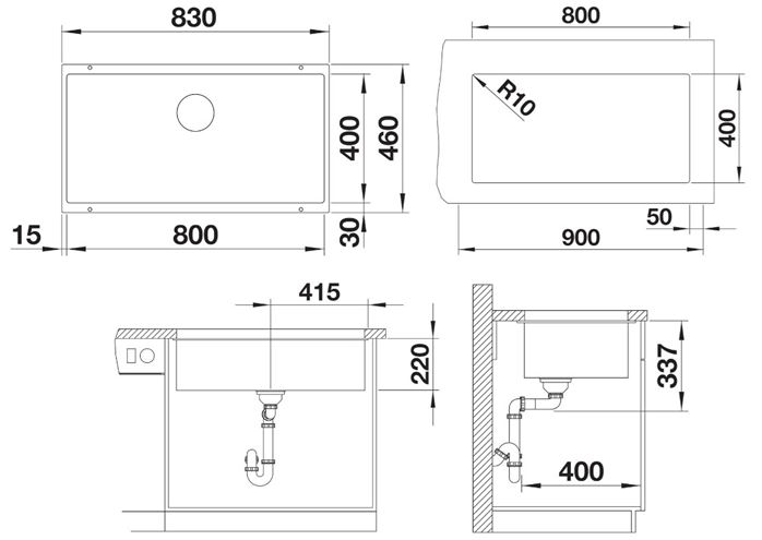 BLANCO SUBLINE 800 U granitový dřez 830x460 mm, antracit 523141 Technický nákres