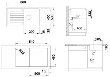 BLANCO ZIA 5 S granitový dřez 860x500 mm, otočný, excentrické ovládání, odkapávač, černá 526015 Technický nákres