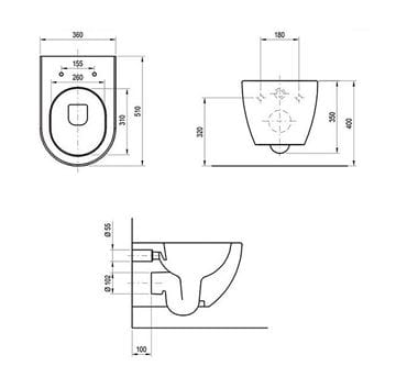 RAVAK UNI CHROME závěsné WC, RimOff splachování, černá  X01794 Technický nákres
