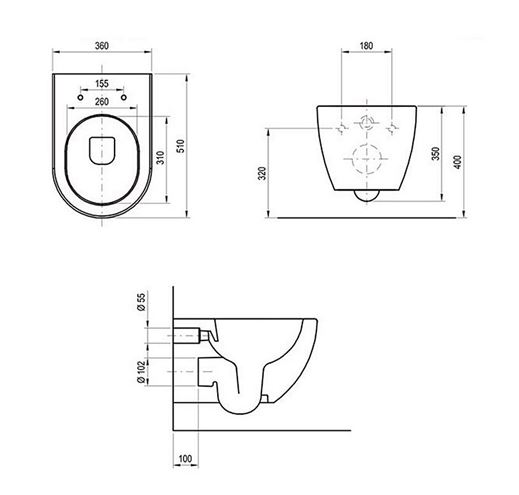 RAVAK UNI CHROME závěsné WC, RimOff splachování, černá  X01794 Technický nákres