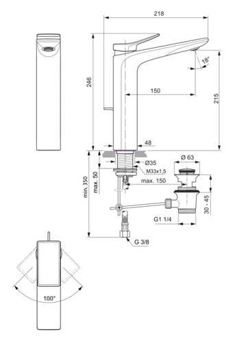 IDEAL STANDARD CONCA umyvadlová stojánková baterie, s odtokovou soupravou, šedá BC757A5 Technický nákres