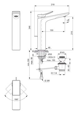 IDEAL STANDARD CONCA umyvadlová stojánková baterie, s odtokovou soupravou, šedá BC757A5 Technický nákres