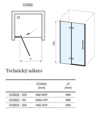RAVAK COOL COSD2 120 sprchové dveře 120x195 cm, křídlové, lesklý chrom/čiré sklo X0VVGCA00Z1 Technický nákres