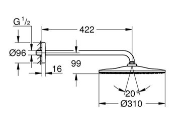 GROHE RAINSHOWER MONO 310 horní sprcha pr. 310 mm, s ramenem, Water Saving, supersteel 26558DC0 Technický nákres