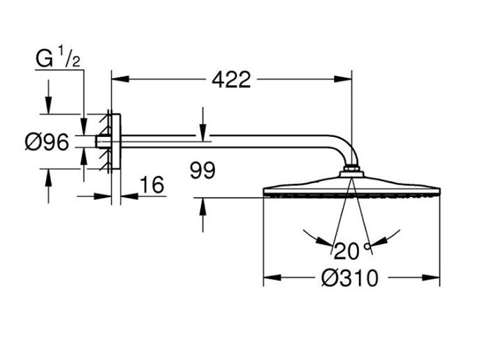 GROHE RAINSHOWER MONO 310 horní sprcha pr. 310 mm, s ramenem, Water Saving, kartáčovaný cool sunrise 26558GN0 Technický nákres