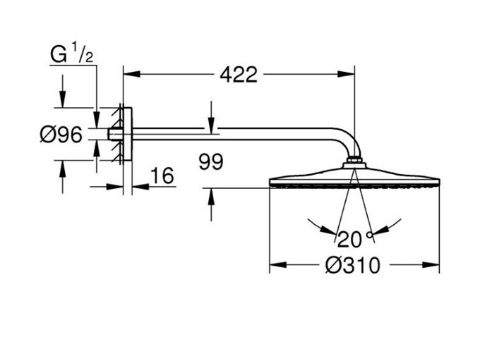GROHE RAINSHOWER MONO 310 horní sprcha pr. 310 mm, s ramenem, Water Saving, warm sunset 26558DA0 Technický nákres