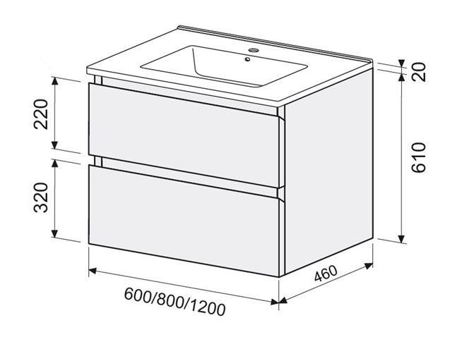 INTEDOOR BARI skříňka pod umyvadlo 80x46x61 cm, 2 zásuvky, lesklá bílá BA802ZA0016/A02 Technický nákres