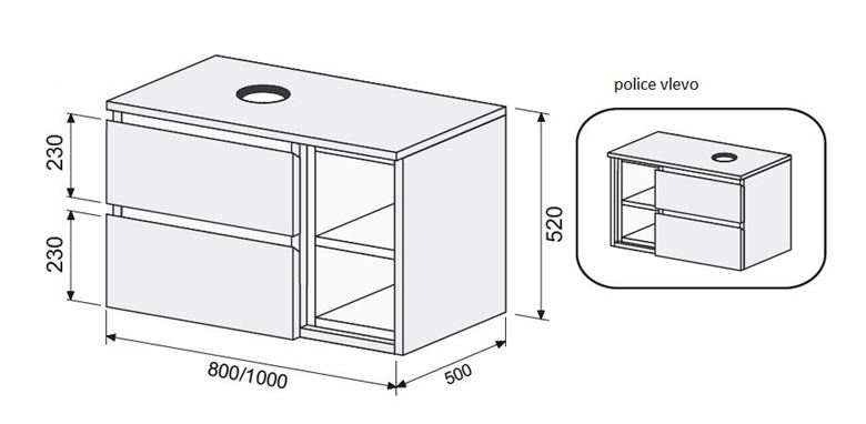 INTEDOOR BARI skříňka pod umyvadlo 100x50x52 cm, 2 zásuvky, 2 police, matná černá BAD1002ZNLA3686/A02 Technický nákres
