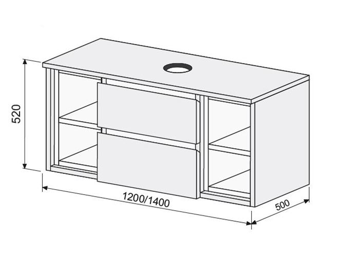 INTEDOOR BARI skříňka pod umyvadlo 140x50x52 cm, 2 zásuvky, 4 police, matná černá BAD1402Z2NA3686/A02 Technický nákres